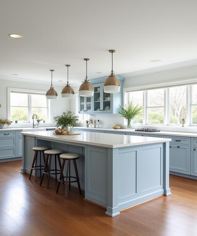 Elegant Hamptons style kitchen in Toorak with a large island.