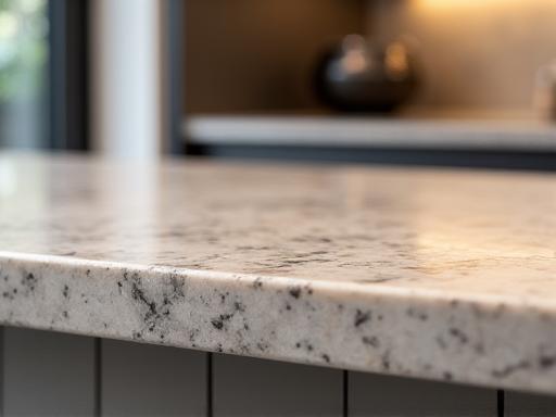 A close-up of a new stone benchtop and a glass splashback.