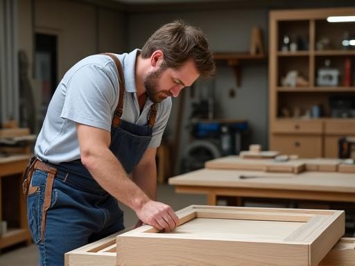 A craftsman assembling a custom cabinet in the workshop.