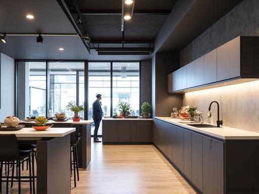 A modern and sleek commercial kitchenette in an office space.