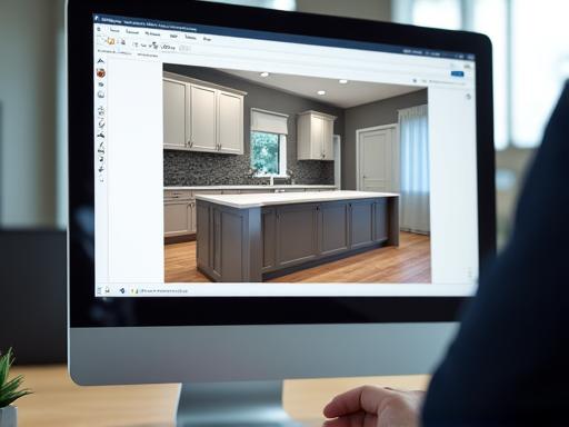 A 3D render of a custom kitchen design on a computer screen.