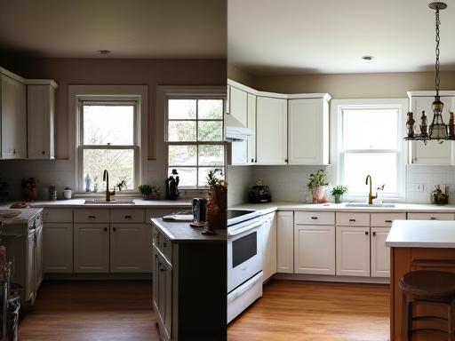A split image showing a kitchen before and after a renovation.