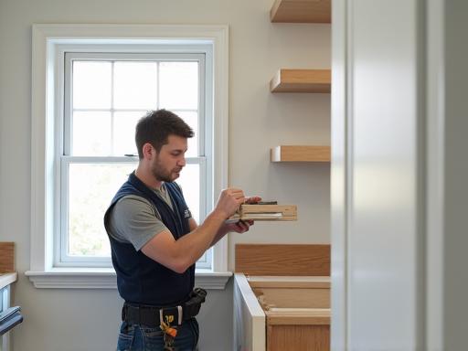An installer carefully fitting a new kitchen cabinet onsite.